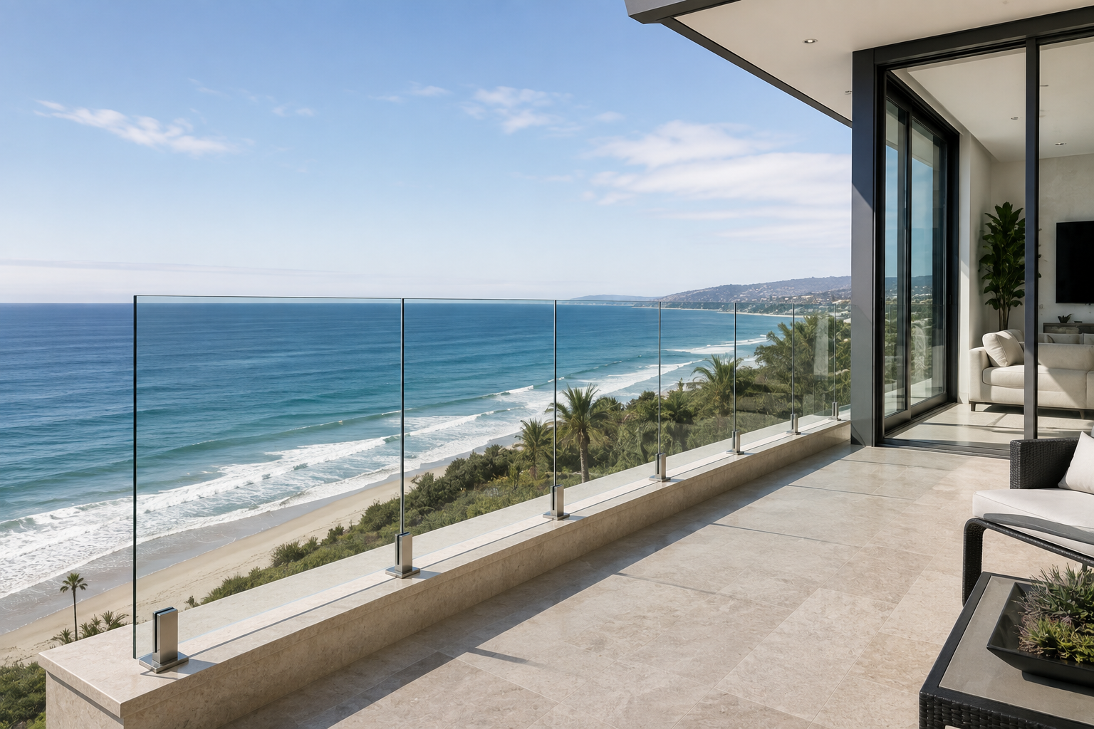 Glass railing on modern staircase