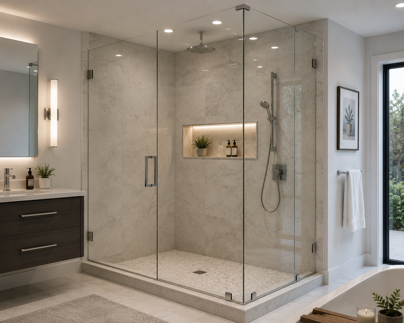 Frameless glass shower enclosure