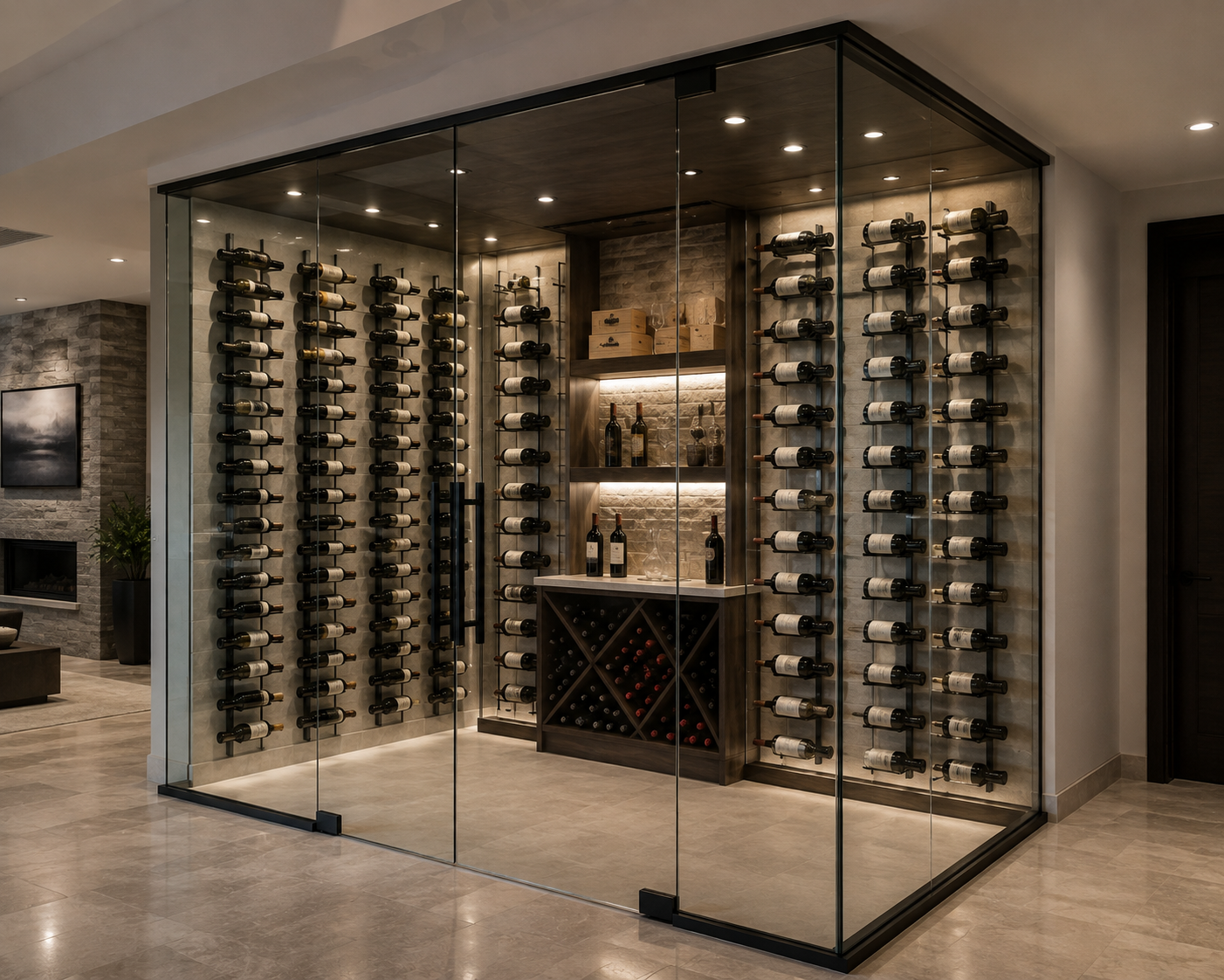 Glass wine display case with bottle racks